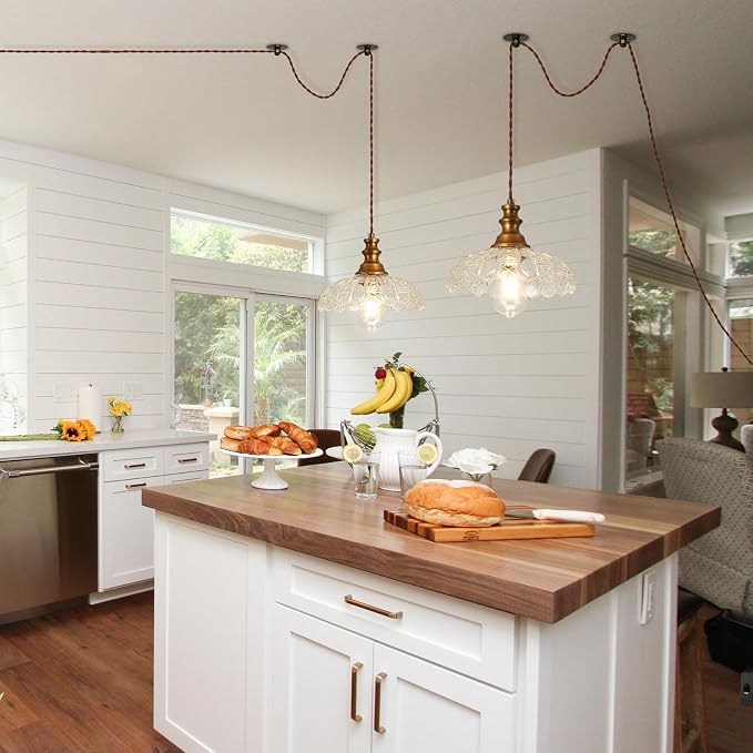 Plug in Pendant Light Industrial Pendant Lighting with Plug in Cord 9.8ft Hanging Lamps Clear Glass Shade ‎Bronze Light Fixture for Living Room Kitchen Dining Room Bedroom