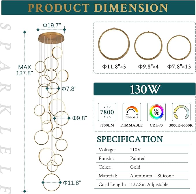 20 Rings Modern LED Chandelier for High Ceiling Dimmable Gold Contemporary Foyer Long Chandelier for Entryway, Long Pendant Light Fixture Staircase Dining Living Room, 3000-6500K