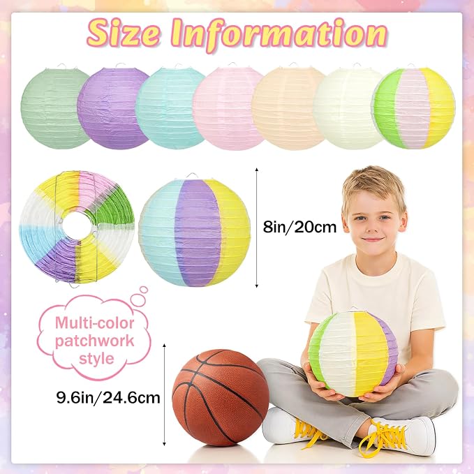 12 Pcs Pastel Paper Lanterns - 8" Hanging Round Paper Lanterns for Pastel Classroom Decor, Baby Shower Decorations, Birthday, Wedding Spring Party & Office Decor