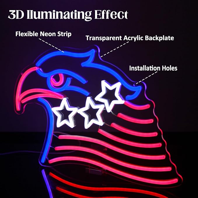 Patriotic Eagle Flag Neon Sign USA Stars and Stripes Light for Wall Decor | Dimmable 4th of July Neon Sign, Acrylic Eagle LED Neon Lights for Bedroom, USB Powered, Memorial Day American Eagle Day Decor
