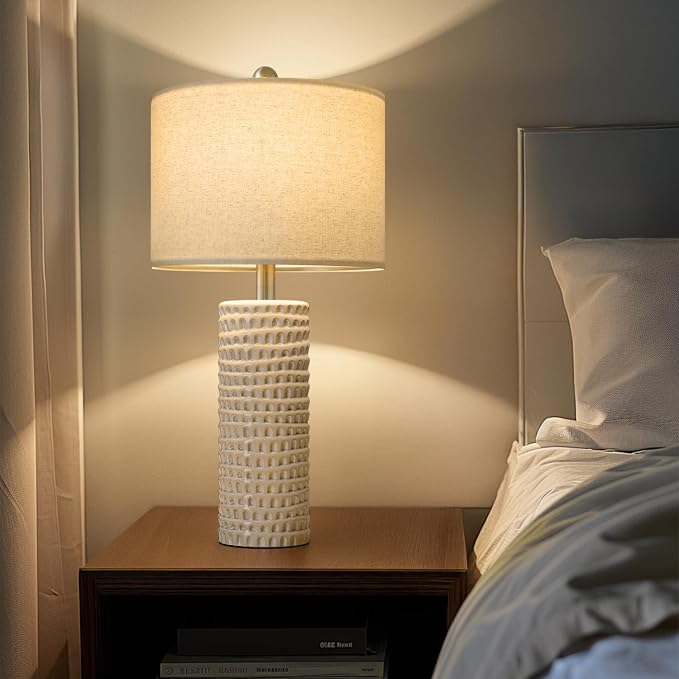 PORTRES 24" Farmhouse Ceramic Table Lamps Set of 2 for Bedroom Living Room | Bedside Lamps for Nightstand, Modern White Living Room Lamp Reading Office Dorm Accent End Table Lamps for Night Stands Decor