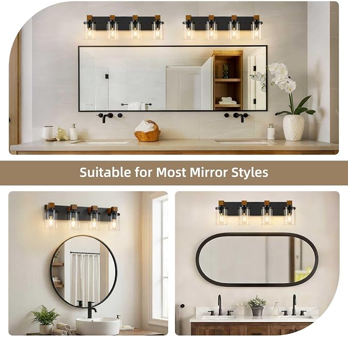 4-Light Farmhouse Bathroom Light Fixtures, Wood Matte Black Vanity Lights Over Mirror with Clear Glass Shades, Rustic Bathroom Lighting Wall Mounted Lamps for Living Room, Cabinet, Porch