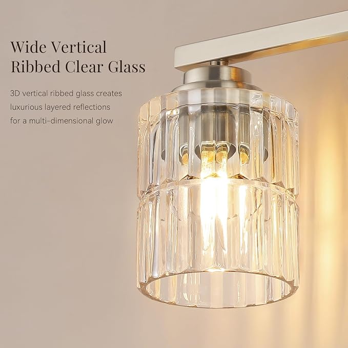 TALOYA Nickel 3Light Bathroom Vanity Light with Fluted Cylinder Glass Shade | Modern Vanity Lighting Fixtures, Bathroom Lights Over Mirror, Wall Mount Mirror Light Fixtures for Bathroom Hallway Bedroom