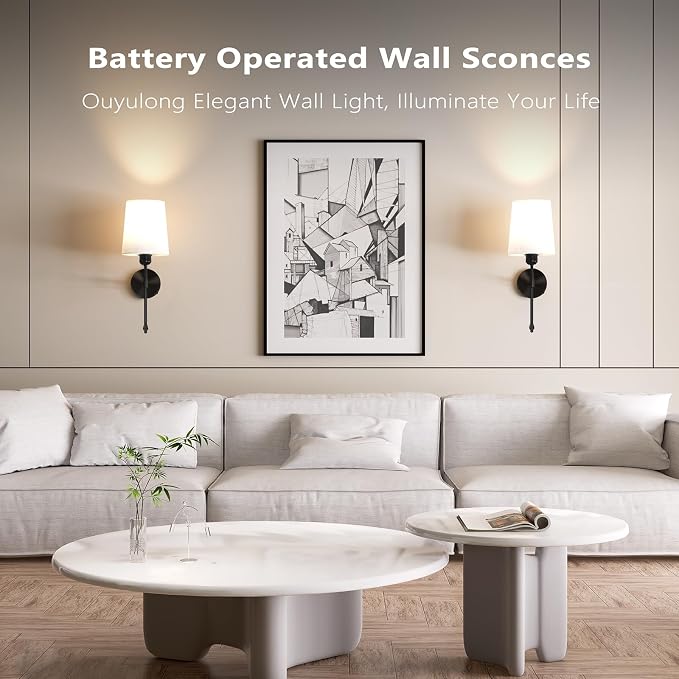 Battery Operated Wall Sconces Set of 2, Wireless Rechargeable Dimmable Wall Light with 5600mAh RGB Bulb and Remote for Bedroom, Living Room, Hallway, Black, 19in