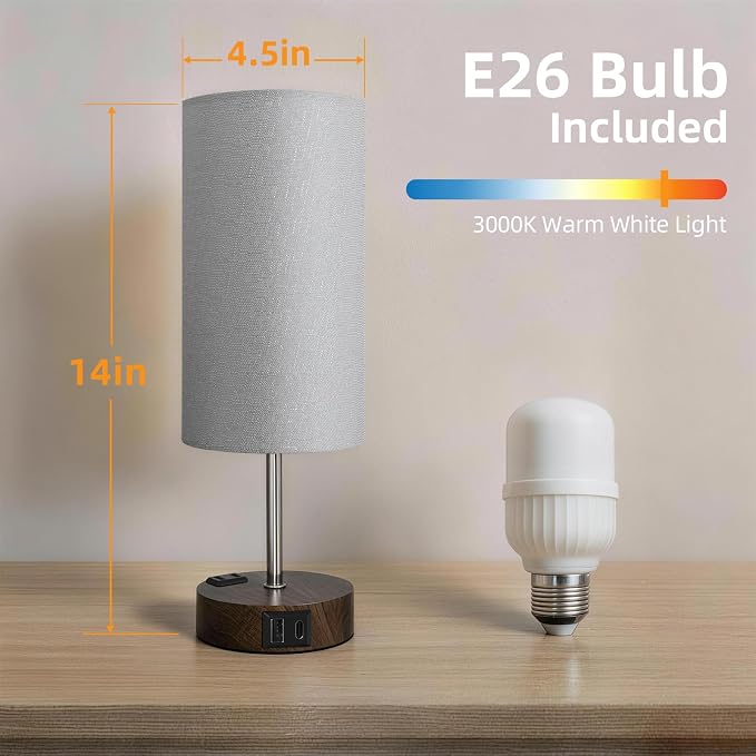 Table Lamp for Nightstand, High-Sensitivity Touch, 3-Level Dimmable Bedside Lamp with AC Outlet | USB | and USB-C, Ideal Night Stand Lamp for Bedroom (1, Grey&Walnut)