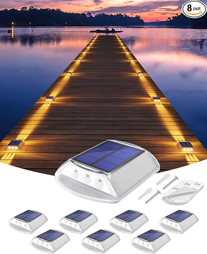 DetarZinLED Solar Deck Lights Outdoor IP68 Waterproof 8 Pack Amber Warm | Sturdy PC Shell, Stick on & Screw Mount, Markers Light for Outside Dock, Step, Walkway, Path, Sidewalk, Patio, pool, Driveway