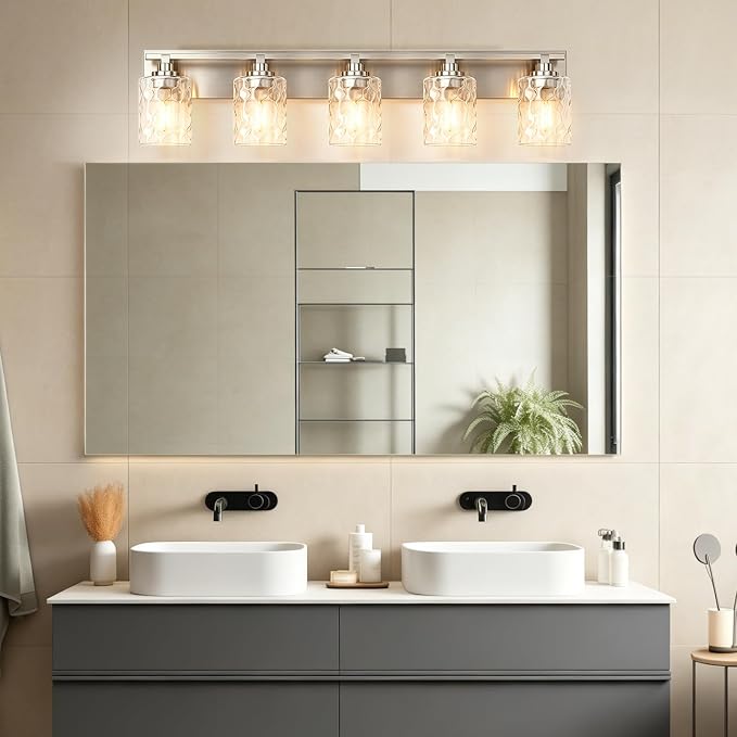 Modern Bathroom Lighting Fixtures Over Mirror, Vanity Lights for Bathroom, Wall Sconces with Clear Glass Shades, E26 Ceramic Socket, 5-Light 35.4-inch Brushed Nickel