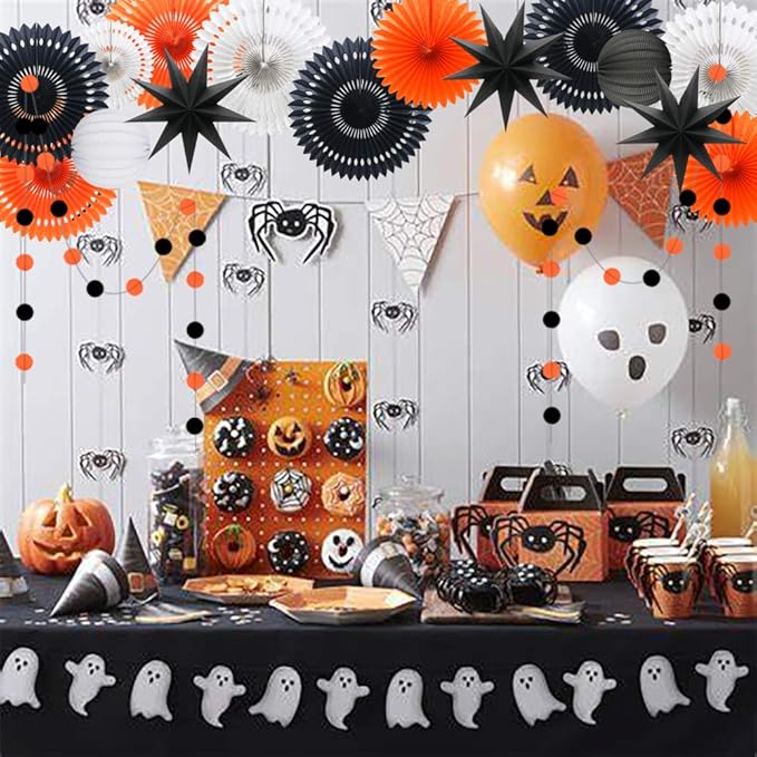 ADLKGG Orange White Black Halloween Decorations, Hanging Tissue Paper Fans Circle Garland Paper Lanterns for Graduation Wedding Anniversary Birthday Backdrop Decor