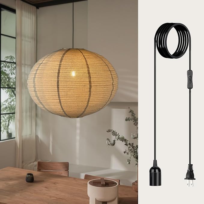 METHEDEECO Plug in Linen Pendant Light, 20 Inch | Hanging Lantern Lamp, 18 FT Cord, E26 Socket, Japanese Wabi-Sabi Handmade Fabric Shade, Bulb Not Included