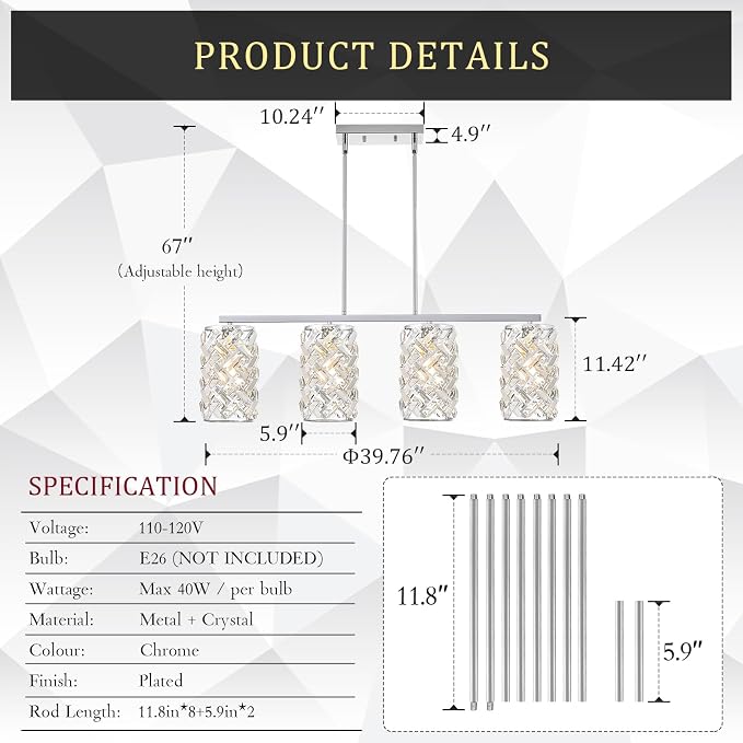 40" Chrome Crystal Linear Chandelier, 4-Light Kitchen Island Pendant | 40-inch chrome crystal linear chandelier with adjustable height, 4 E26 lights, dimmable for kitchen islands and dining rooms