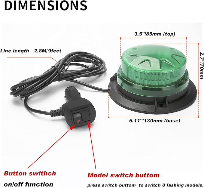 Green Led Emergency Strobe Beacon Lights for Car Vehicles 12V 24V 24-LEDs | Magnetic Mount, 8 Flash Model, Warning Safety Flashing, Rooftop Signal Lamp for Forklife Construction Truck Tractor Golf SUV