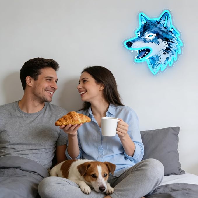 Wolf Neon Sign, UV Printed Dimmable Led Wolf Neon Light Animal Wall Decor Wolf Gifts for Boys Men Bedroom Living Room Man Cave Home Birthday Decoration