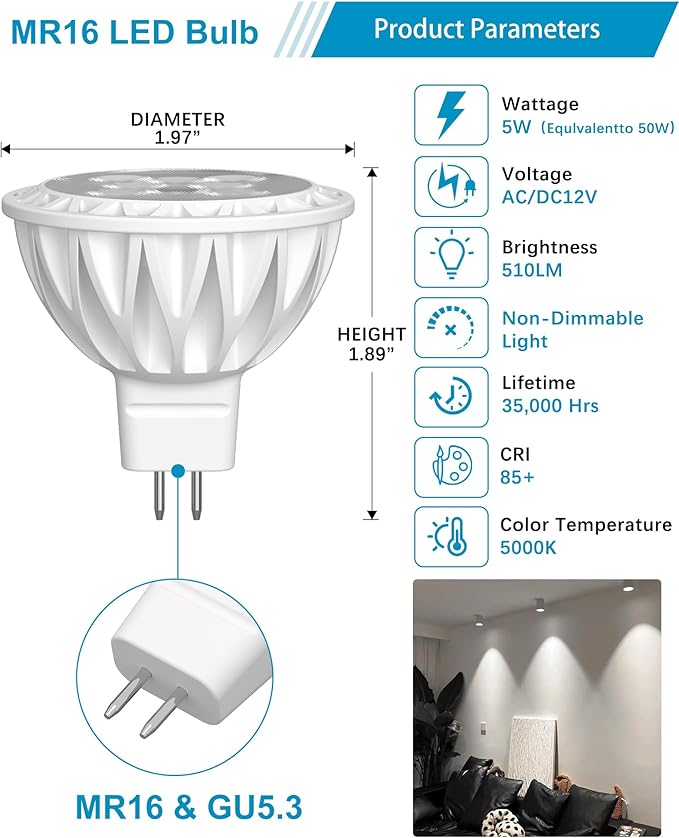 12 Pack MR16 LED Bulbs, 50 Watt Equivalent, 5000K Daylight White 5W GU5.3 MR16 12V Spotlight Bulb, 38 Degree Beam Angle for Landscape, Recessed, Track Lighting