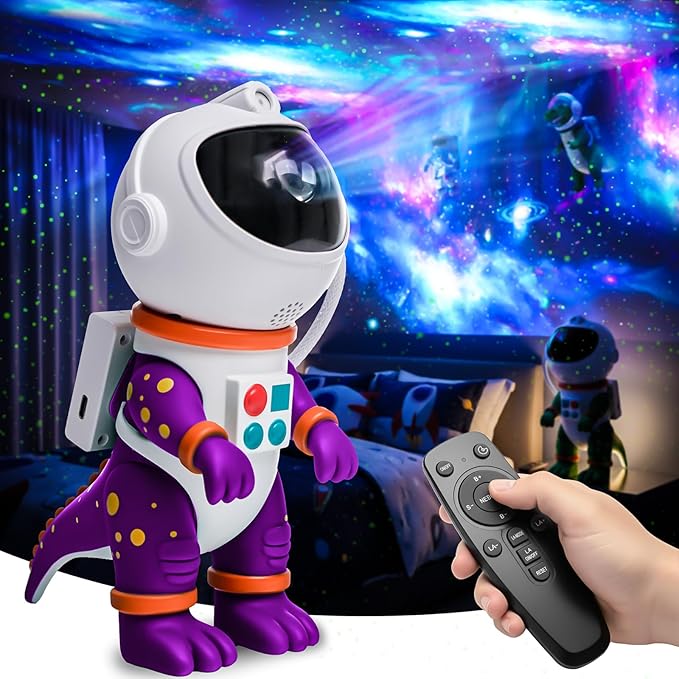 Dinosaur Astronaut Galaxy Star Projector Night Light, 8 in 1 LED Space Planetarium Lamp, 360° Rotating with Remote & Timer, Kids Adults Bedroom Decor, Christmas Birthday Gifts (Purple)