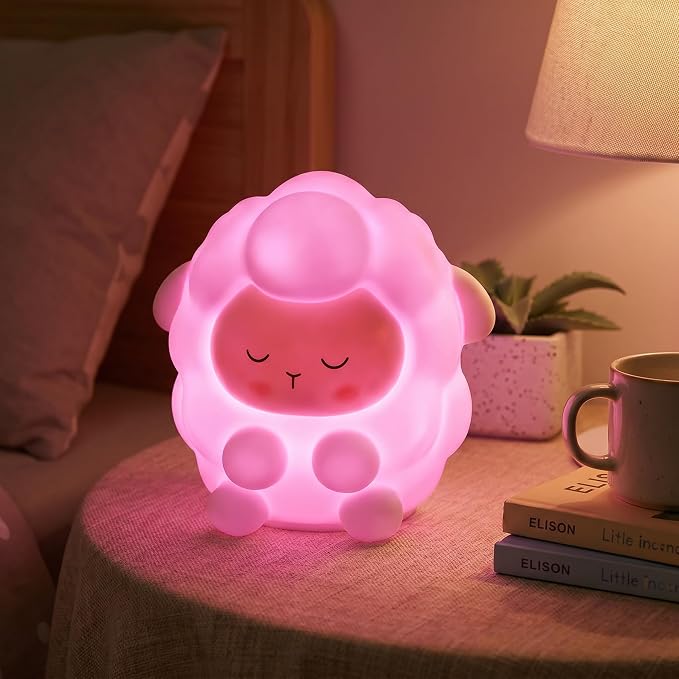 Rechargeable Sheep Night Light for Kids Gift, Soft Silicone Touch LED Lamp, 7 RGB Colors Changing with 3 Adjustable Brightness, Cute Animal Nursery Bedside Nightlight