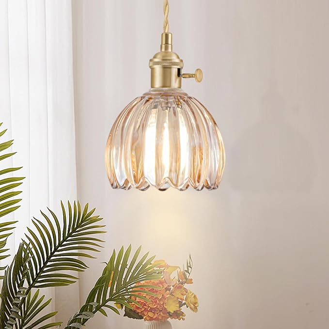 2 Pack Plug in Pendant Light Fixtures, Hanging Light Fixture Vintage Glass Pendant Light, Mini Amber Tulip Hanging Lamp, Pendant Lighting for Kitchen Island, Bedroom, Dining Room, Living Room