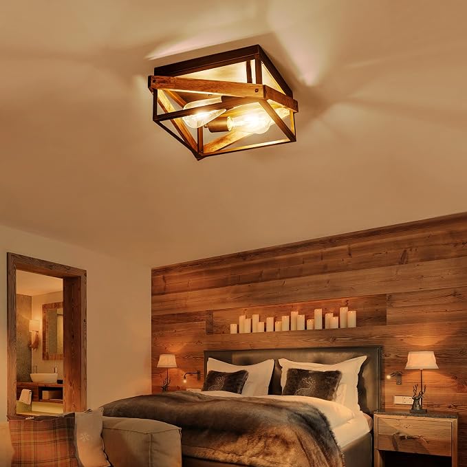 Mayful 2-Light Bronze Farmhouse Flush Mount Ceiling Light Fixturet, Rustic Hallway Light Fixtures with Wood & Metal Design, Industrial Close to Ceiling Light Fixtures for Kitchen Entryway Foyer