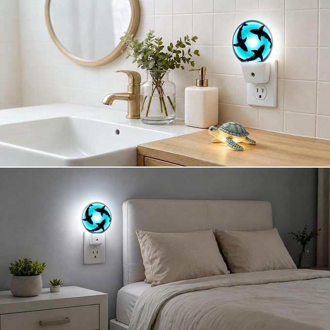 Nightlight Ocean Blue Plug-in Night Lights Dusk to Dawn | Floating Sharks Night Light LED Round Lamp with Auto on/off Sensor for Kitchen Hallway Bedroom Bathroom
