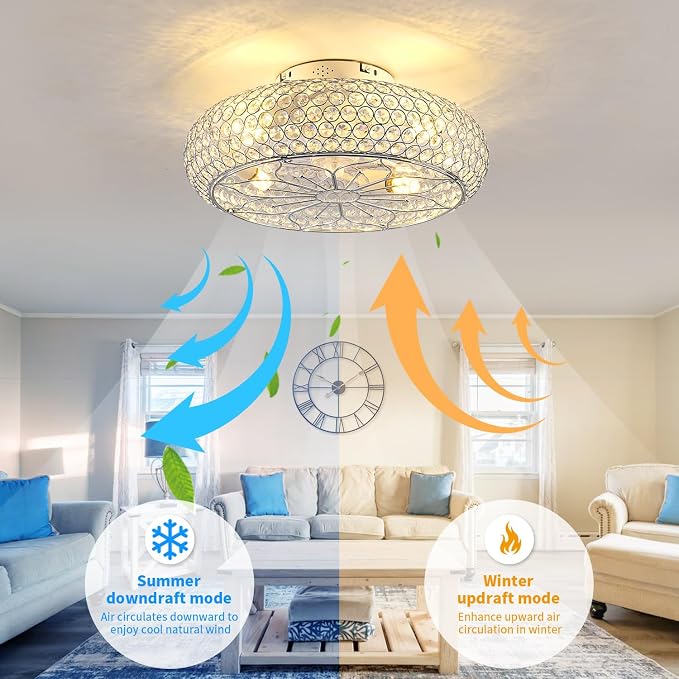 20" Crystal Ceiling Fan with Lights - Enclosed Bladeless Design, Reversible DC Motor & Remote, 6-Speed Quiet, Flush Mount Low Profile Electroplated Mirror Finish, for Bedroom/Living Room