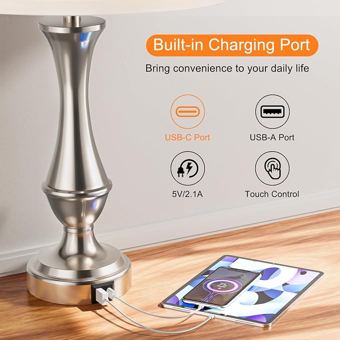 Touch Lamps for Nightstand, 3 Way Dimmable Lamps for Bedroom with USB C+A | Touch Control, USB C+A Charging Ports, Table Lamps for Living Room, Night Stands, Bedside, Bedroom, Bulb Included, Silver