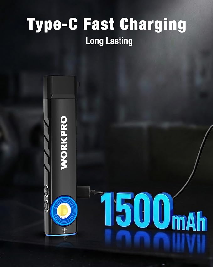 WORKPRO Rechargeable Pocket Flashlight, Magnetic EDC Light with UV, Black | Compact, 600 Lumens LED & UV Light, 2 Magnetic Bases, Pocket Clip, 7 Modes, Garage, Repair & Emergency Use