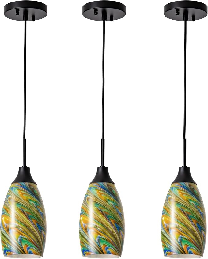 Viinew Mini Glass Pendant Light 3-Pack Colorful Oval Pendant Lights | 4.72" with Handblown Glass Oval Chadelier,Glass Ceiling Pendant Light for Dining Room Kitchen Island Cafe Foyer
