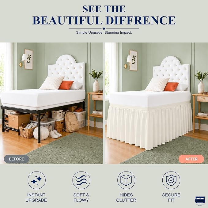 Cottingon Dorm Room Bed Skirt, 100% Microfiber, Ivory, Twin XL-36'' Drop