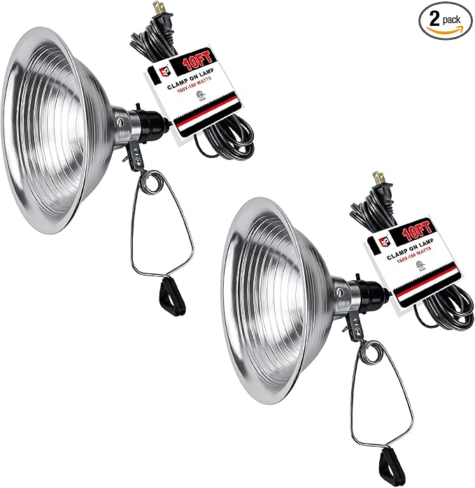 EP Clamp Lamp Light with Detachable 8.5 Inch Aluminum Reflector, 150 Watt E26 Socket (No Bulb Included), 10 Foot 18/2 SPT-2 Cord Cord, 2 Pack