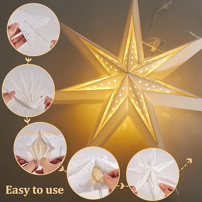 SUNBEAUTY 7-Pointed 12Inch Hollow Out Paper Star Lanterns White Christmas Lanterns Hanging Lamp Paper Decorations Shade Wedding Birthday Christmas Home Party Decorations