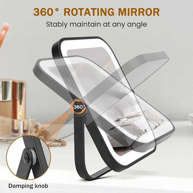 Rechargeable Vanity Mirror with Lights, 10"×8" Makeup Mirror with Lights, 1500mAH Battery, Smart Touch with 3-Color Lighting, Dimmable, HD Desk Mirror, Travel Essentials, Women Gift (Black)