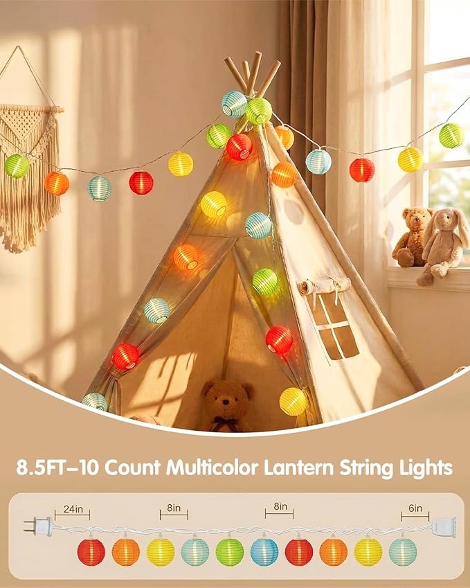 SUNSGNE Lantern String Lights, 8.5FT Indoor Lantern Christmas Lights with 10 LED Colorful Lanterns for Home Patio Party Wedding Bistro Indoor Bedroom Decoration