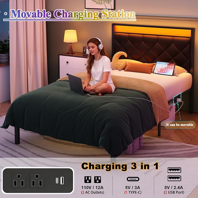 Twin Bed Frame with Charging Station, LED Light and PU Leather Upholstered Headboard, Platform Bed Frame with Under-Bed Storage, Easy Assembly, Noise Free, No Box Spring Needed, Black