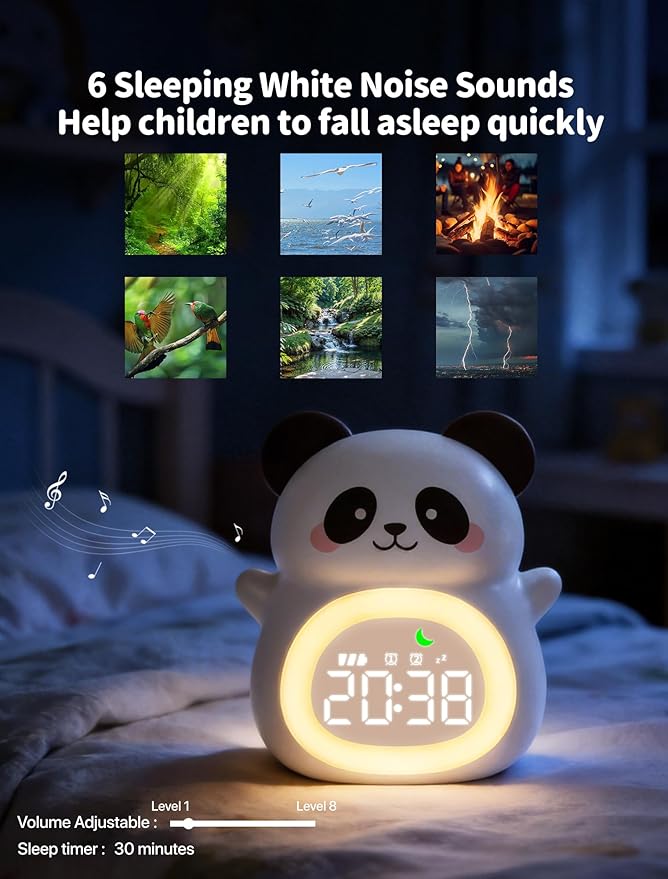MASHI Panda Kids Alarm Clock with Time to Wake Sleep Trainer White Noise | Sun & moon wake cues, 7-color night light,Snooze， dual alarms and 6 soothing sounds help kids build healthy sleep habits.