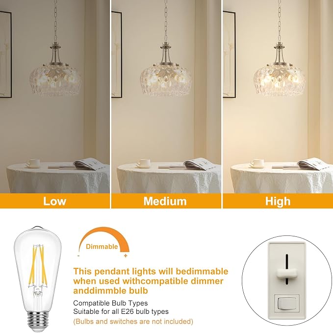 Modern Pendant Lights Kitchen Island, 3-Light Brushed Nickel Pendant Light Fixtures with 14.2" Clear Hammered Glass Shade, Hanging Pendant Lights Fixture for Kitchen Island Dining Room Foyer Entryway
