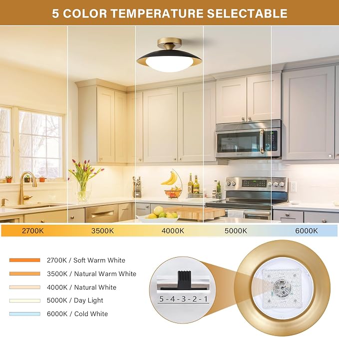 Dimmable Modern Mid-Century LED Ceiling Light, Black and Gold, 12.6 Inch | Semi Flush Mount Ceiling Light, 5CCT 2700K-6000K Lighting Fixture Ceiling Lamp with Glass Shade for Bedroom Hallway Kitchen