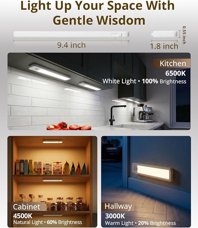 6 Pack Under Cabinet Lighting Wireless, 48 LED Rechargeable Motion Sensor Light Indoor, 3 Color Temps & Dimmable, Magnetic Under Counter Lights for Kitchen, Closet, Stair(9.4inch)