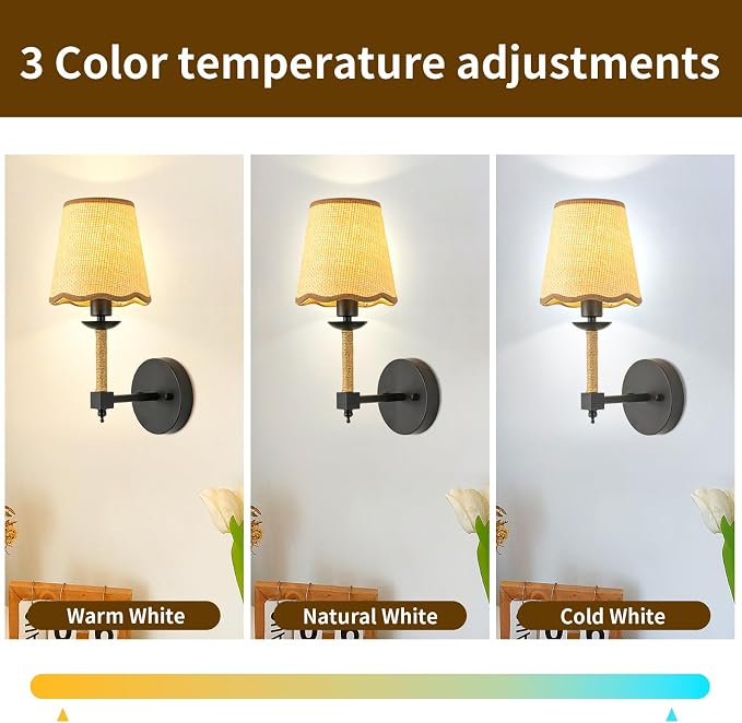 Boho Battery Operated Wall Sconce Set of 2, Medium Black Wireless Rechargeable Wall Lights with Rattan Shade, 12 RGB and 3CCT Dimmable Cordless Wall Lamps with Remote for Living Room