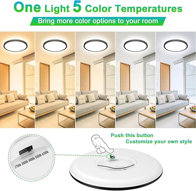4-Pack LED Flush Mount Ceiling Light Fixture, 12In 24W, 3200LM, Super Slim 0.86 Inch, Dimmable & 2700K-6500K 5 Color Selectable LED Ceiling Lights for Bedroom, Kitchen, Laundry and Closet Room, Black