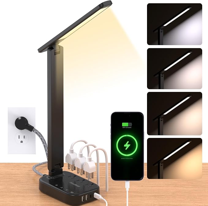 LED Desk Lamp Power Strip with 4 USB 3 Outlets, Dorm Room Essentials, Black | One Beat 4 Modes 5 Level Brightness Touch Lamp, Small Desk Lamp for Home Office College Dorm Essentials, Study Reading Light