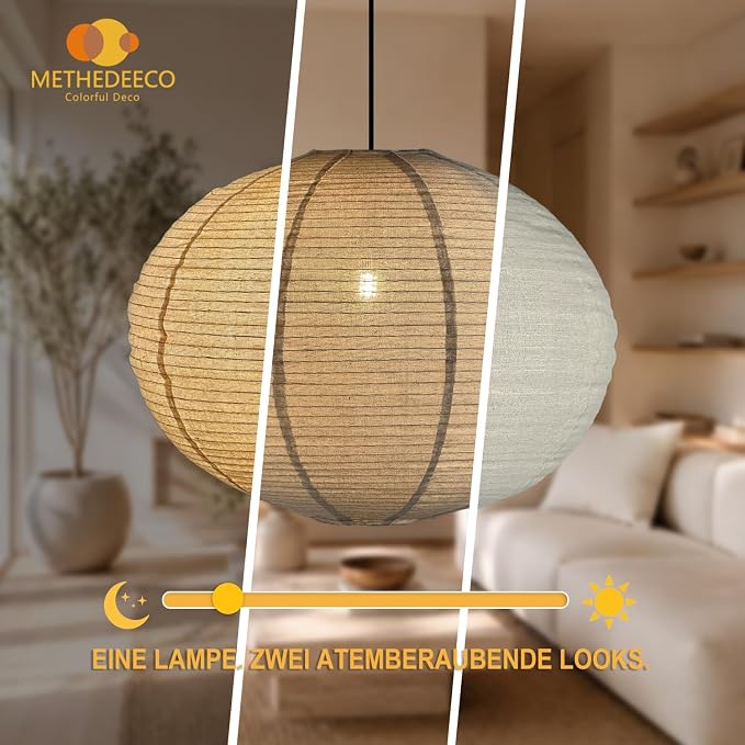 METHEDEECO Plug in Linen Pendant Light, 20 Inch | Hanging Lantern Lamp, 18 FT Cord, E26 Socket, Japanese Wabi-Sabi Handmade Fabric Shade, Bulb Not Included