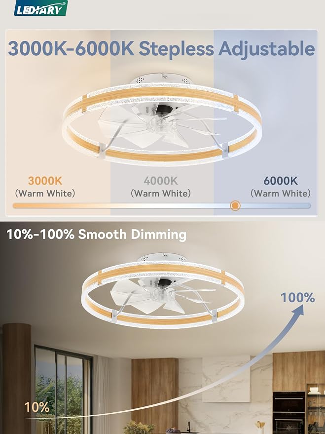 LEDIARY 24'' Low Profile Ceiling Fans with Lights and Remote, Wood Grain | 3000-6000K Dimmable LED, 6 Wind Speeds, Quiet Reversible DC Motor, Small Flush Mount Fandelier for Bedroom, Living Room