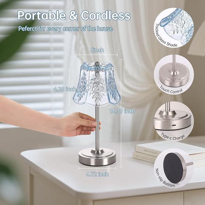 Shenmoyl Cordless Touch Table Lamp with 5200mAh Battery - 3 Adjustable Color Temperatures & Dimmable, Rechargeable Lamp for Bedroom, Living Room, Office, Entryway, Bookshelves (Clear Light Blue Rose)
