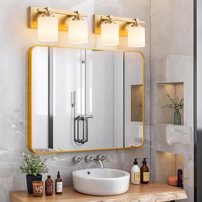 Modern Bathroom Light Fixtures Over Mirror, Vanity Lights for Bathroom Wall Sconces with Milky White Glass Shades, E26 Socket (Bulbs Not Included), 2 Light, Brass