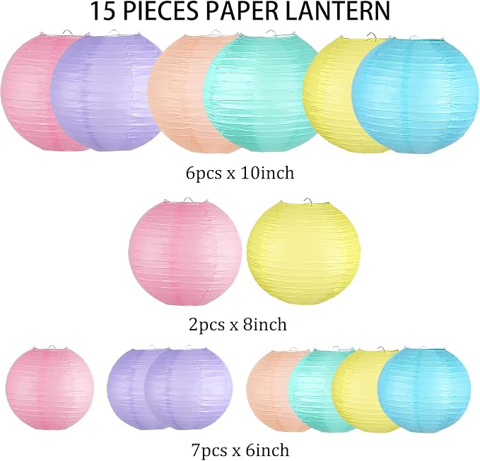 15-Pack Pastel Classroom Decor, Hanging Paper Lanterns for Parties | Macaron Rainbow Colors in 6, 8 & 10 Inch for Easter, Birthdays, Baby Showers, Weddings, Graduations, Mother's Day