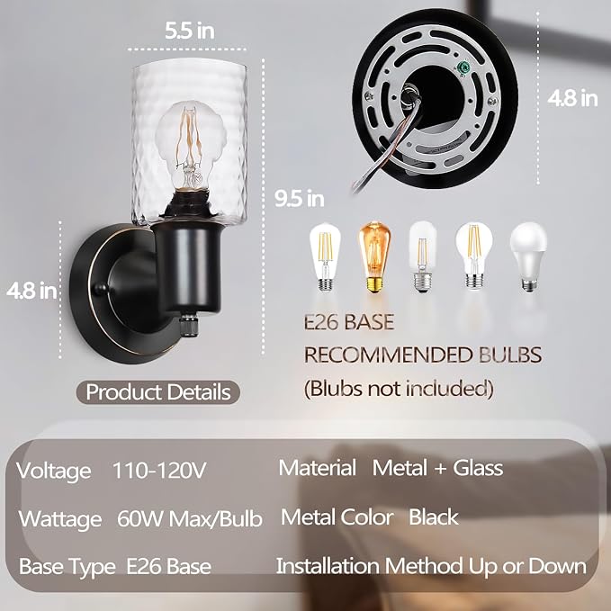 Wall Sconces Set of 2 - Matte Black Vanity Lights for Bathroom Modern Wall Light Fixtures with Rotary Switch - Wall Mount Light with Hammered Glass,Farmhouse Wall Lamp for Bedroom Mirror Living Room