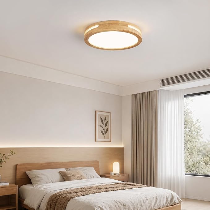 Pevfah Modern Wood Flush Mount Ceiling Light, Round Dimmable Close to Ceiling Lighting Fixtures, Minimalist LED Ceiling Lamp for Bedroom, Kitchen, Hallway, Laundry Room, 2700K-6000K 5CCT, 15.74in