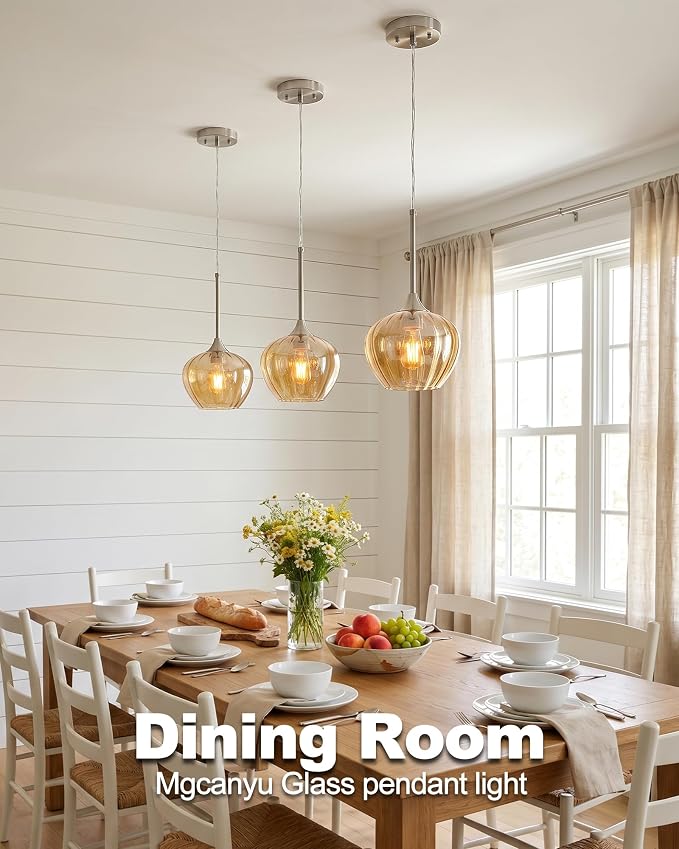 2-Pack Amber Pendant Lights for Kitchen Island, 7.7" Modern Glass Pendant Lighting with Brushed Nickel Vintage Light Fixtures Adjustable Hanging Light for Kitchen, Dining Room, Bar, Bathroom