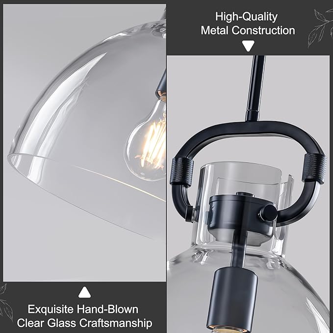 9.8'' Farmhouse Pendant Lights Kitchen Island, 1-Light Glass Modern Black Kitchen Island Lights, Pendant Light Fixtures for Dining Room Bedroom Over Table, E26