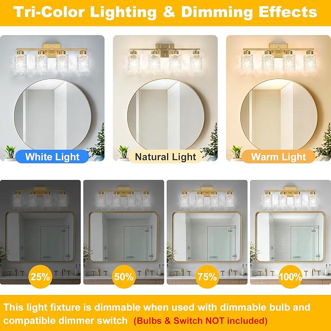 4-Light Bathroom Light Fixtures, Brushed Gold Vanity Lights Over Mirror | Wall Sconces with Clear Textured Glass Shades for Living Room Bedroom Hallway,E26 Base (Bulbs Not Included)