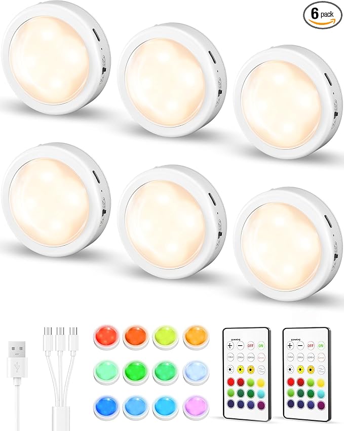 EZVALO 6-Pack RGB Rechargeable Puck Lights with Remote, Mini Under Cabinet Lighting, 2.95'' Tap Lights, 16 RGB Colors & 3 White Color Temps, Dimmable Stick-On Closet Lights for Kitchen, Shelf